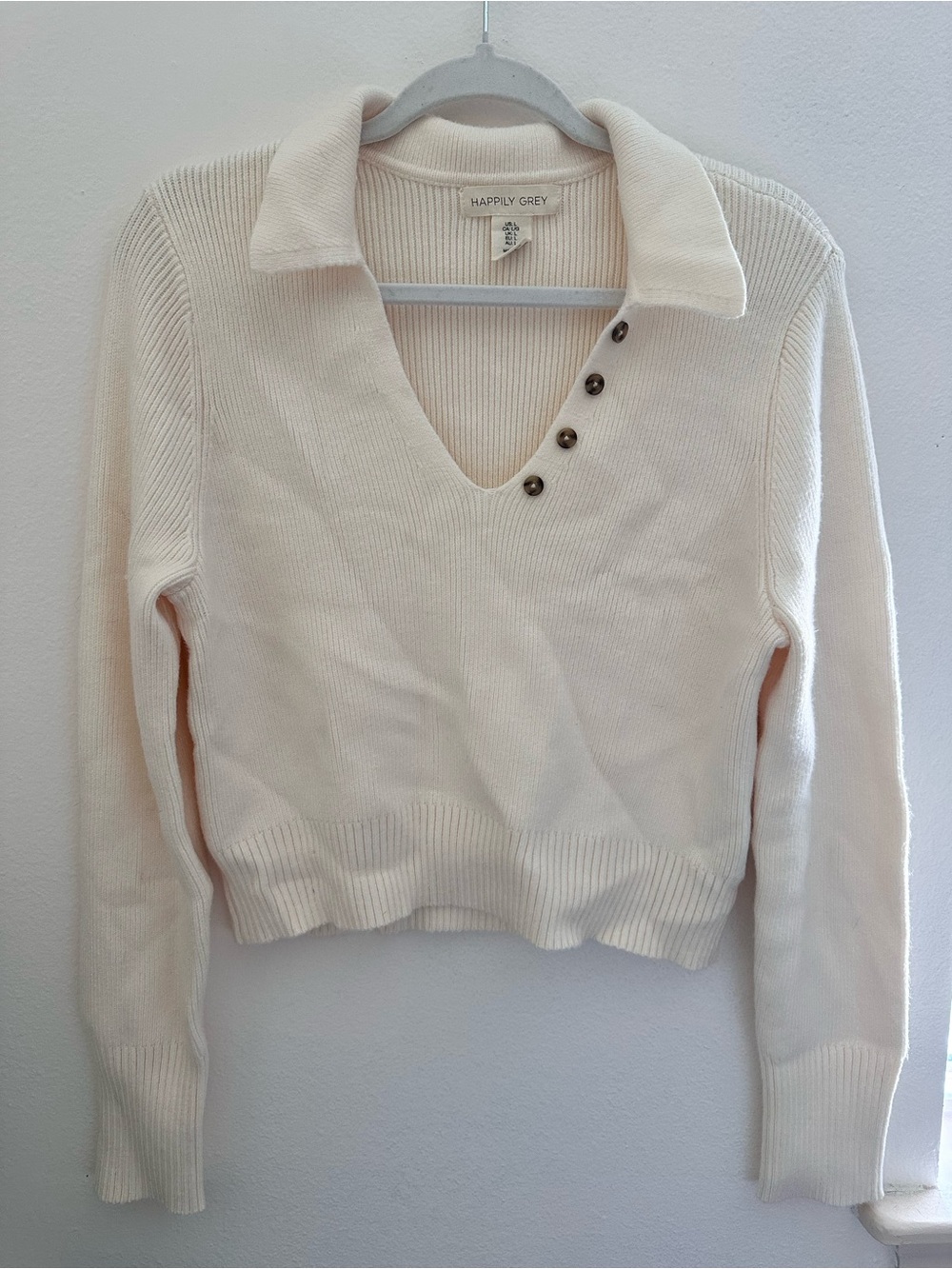 Happily Grey Cream V-Neck Button Polo Sweater